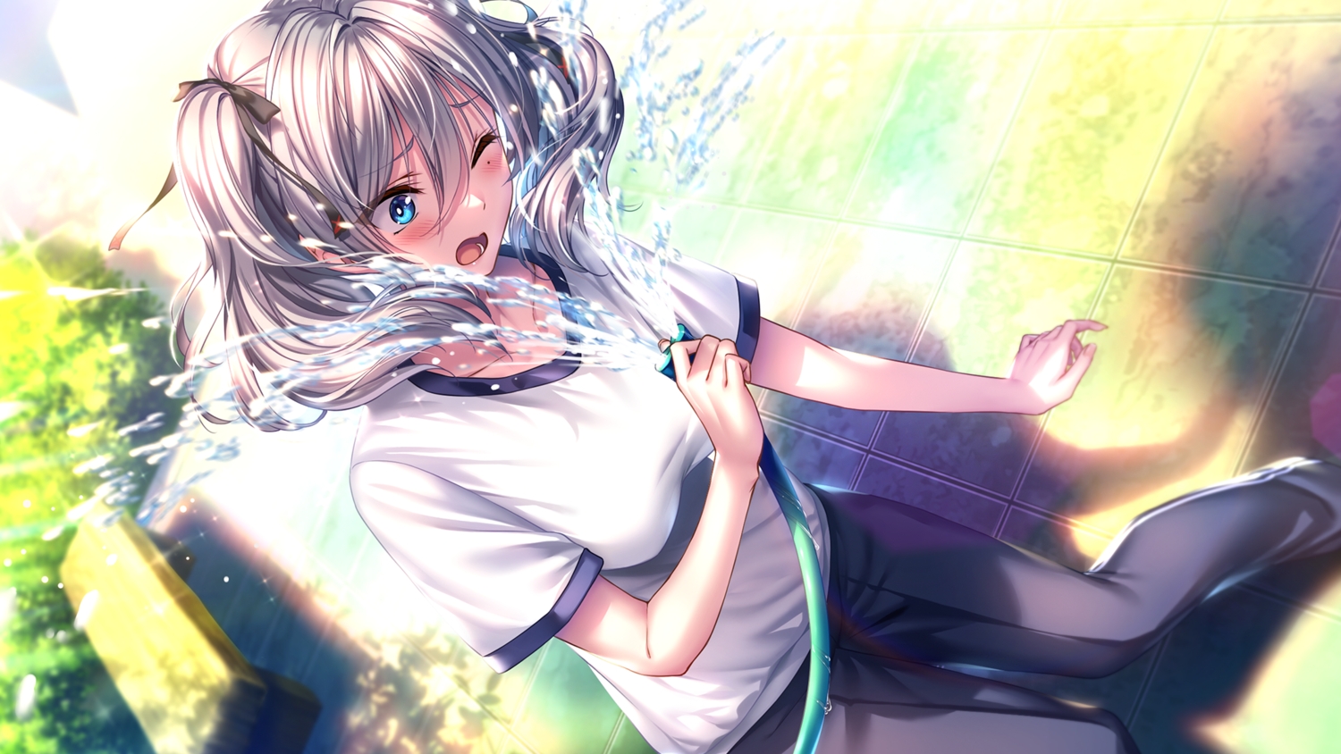 amakano_2, amakano_2+, aqua_eyes, azarashi_soft, blush, game_cg, gray_hair, gym_uniform
