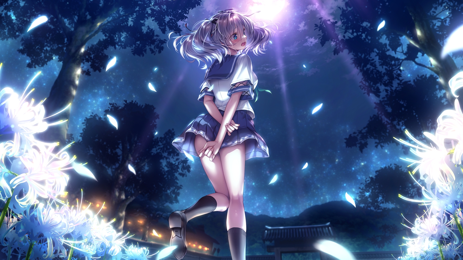 amakano_2, amakano_2+, aqua_eyes, azarashi_soft, blush, flowers, game_cg, gray_hair