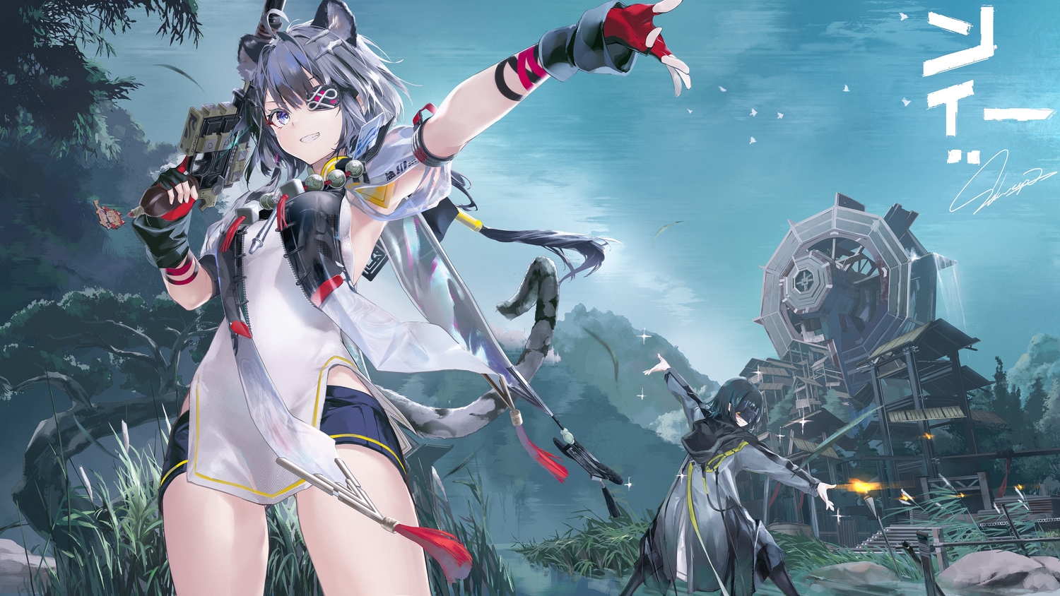 2girls, animal_ears, arknights, arknights:_endfield, blue_eyes, endministrator_(arknights), eyepatch, gloves