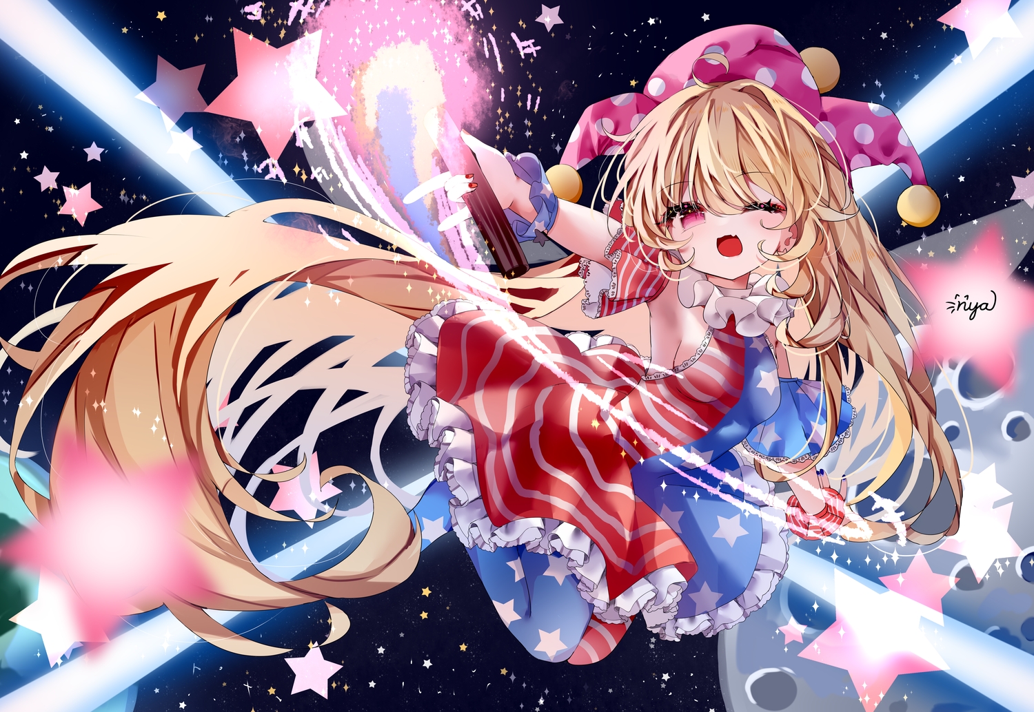 blonde_hair, breasts, cat_smile, clownpiece, dress, fang, hat, long_hair, nya_(pixiv_100585577), pantyhose, pink_eyes, sideboob, signed, touhou, wink