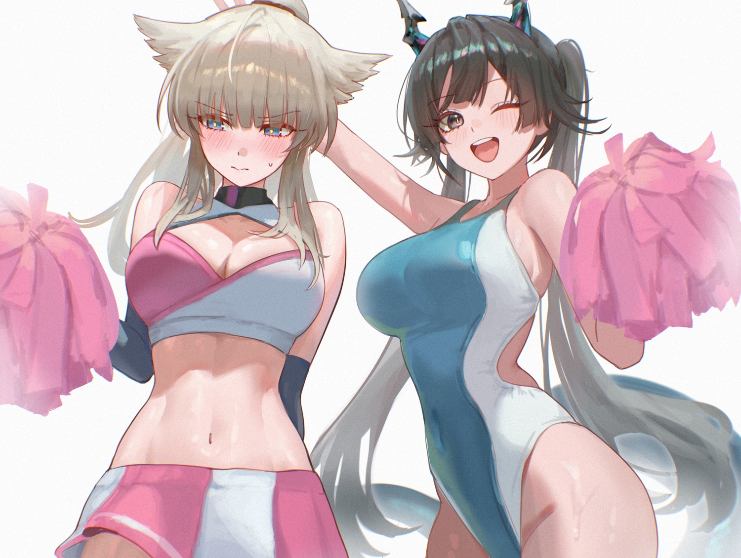 2girls, animal_ears, arknights, arknights:_endfield, black_hair, blue_eyes, blush, breasts