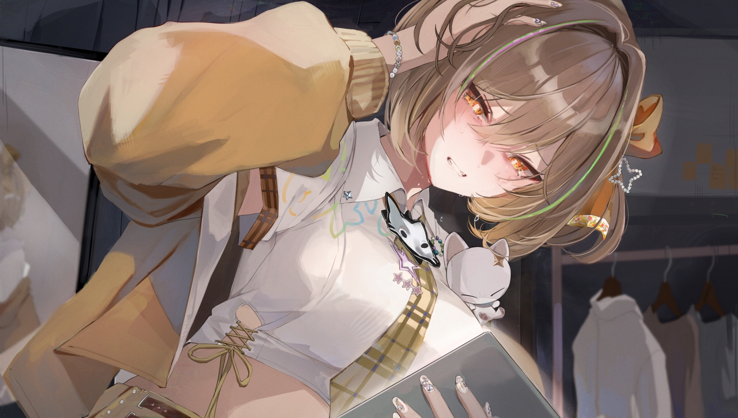 anis_(nikke), bow, brown_hair, close, dolechan, doll, goddess_of_victory:_nikke, orange_eyes, shirt, short_hair, tears, tie, wristwear