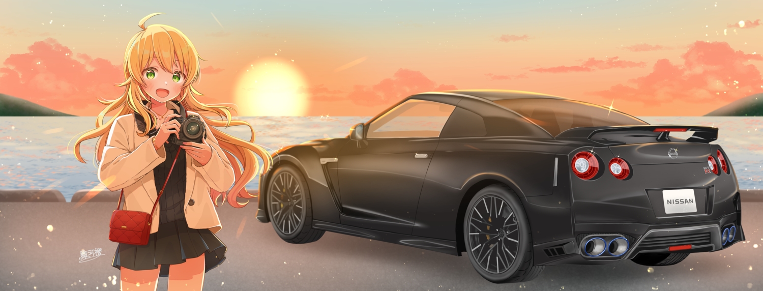 blonde_hair, camera, car, clouds, green_eyes, hoshii_miki, idolmaster, long_hair, night, signed, skirt, sky, sunset, suruga_tou, water