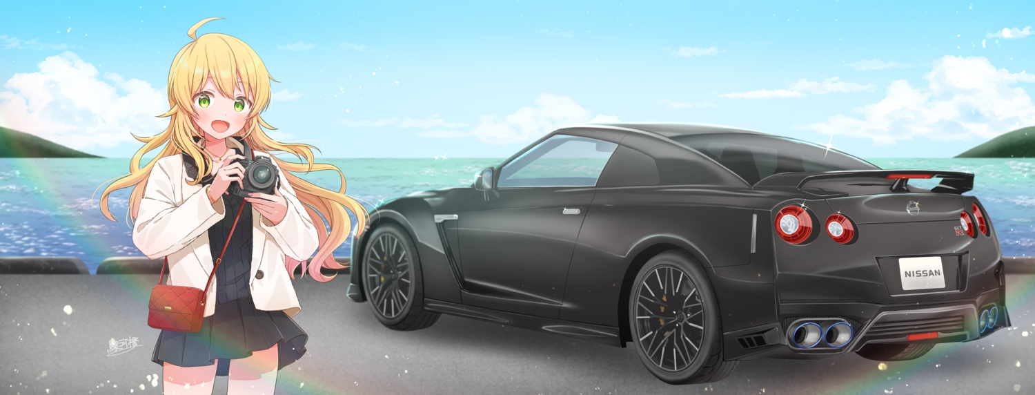 blonde_hair, camera, car, clouds, green_eyes, hoshii_miki, idolmaster, long_hair, signed, skirt, sky, suruga_tou, water
