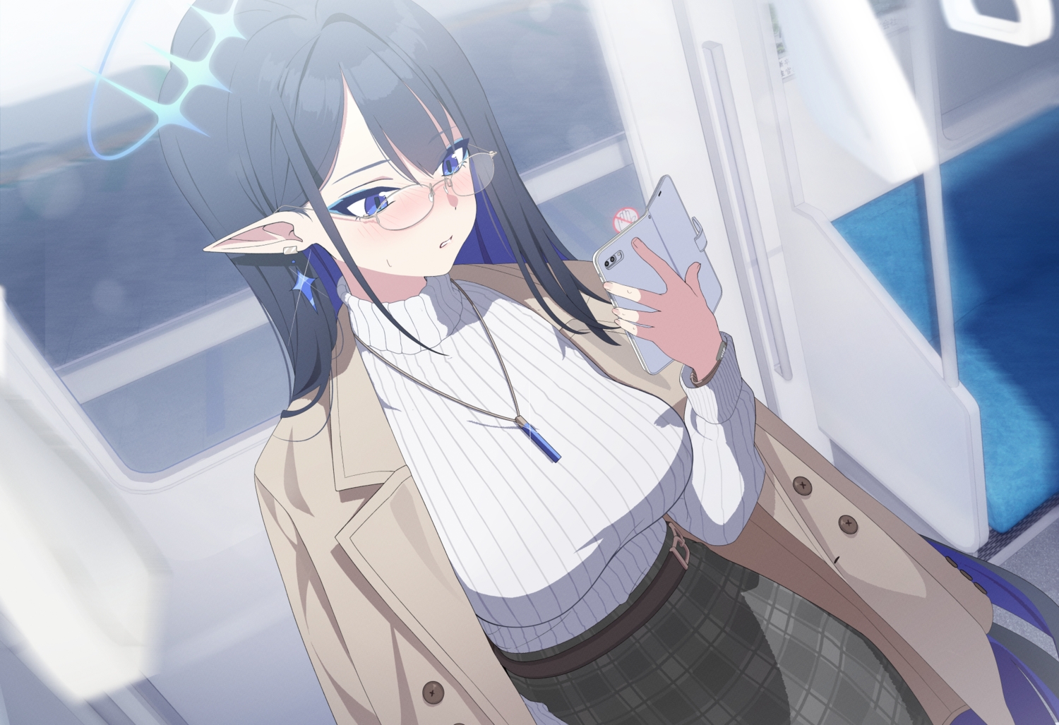 black_hair, blue_archive, blue_eyes, blush, cape, cropped, giga-tera, glasses