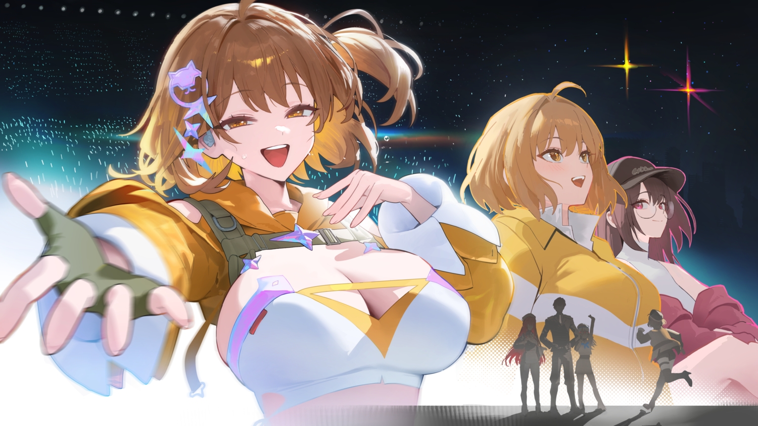 anis_(nikke), blush, breasts, brown_eyes, brown_hair, cleavage, commander_(nikke), garter