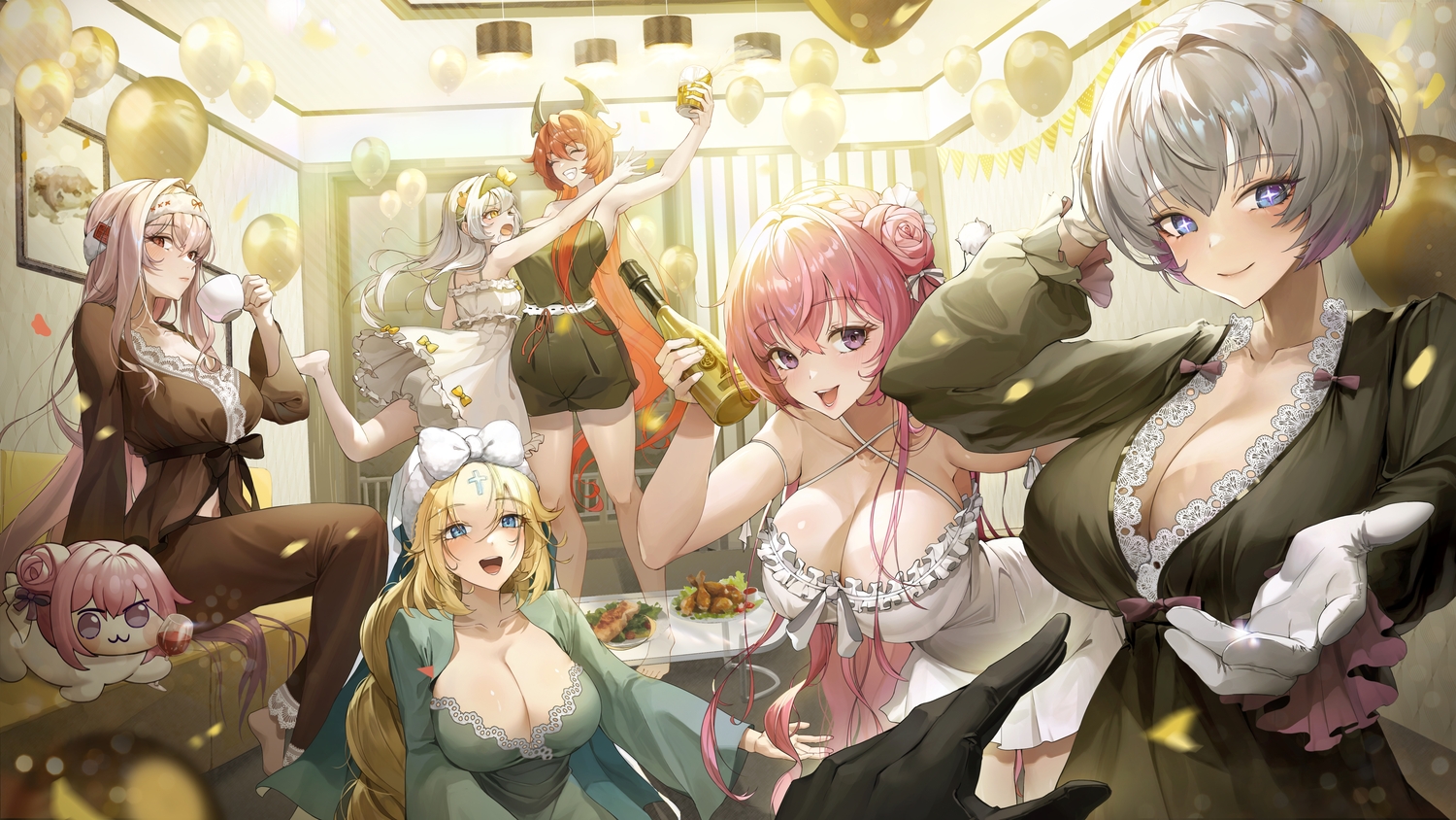 blonde_hair, bloomers, blue_eyes, blush, bow, breasts, cleavage, couch