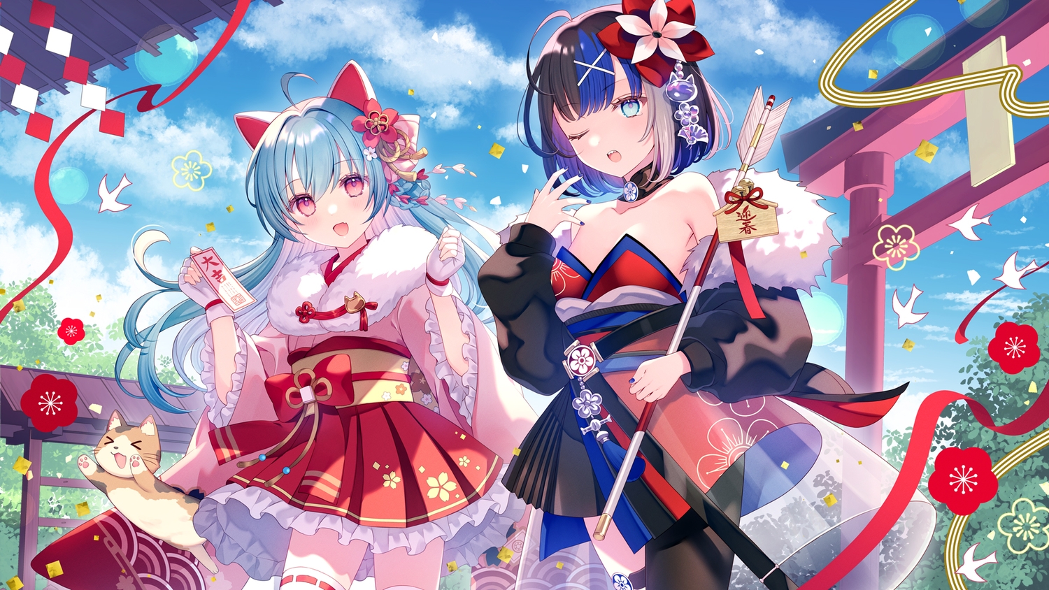 2girls, animal, animal_ears, aqua_eyes, aqua_hair, brown_hair, cat, catgirl
