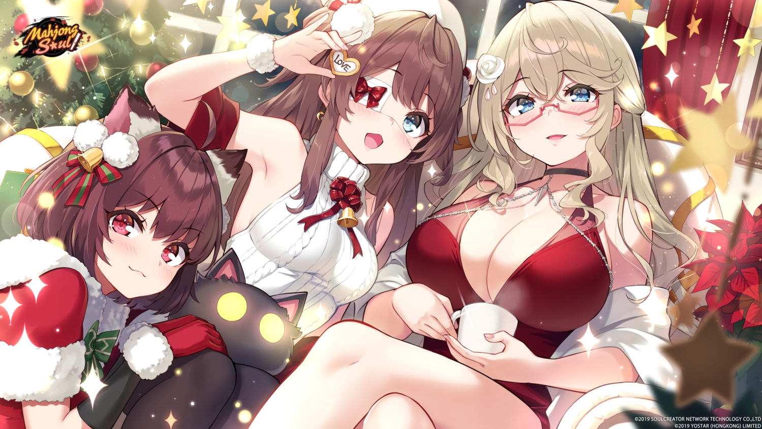 animal_ears, bell, blue_eyes, blush, bow, brown_hair, catgirl, cat_smile