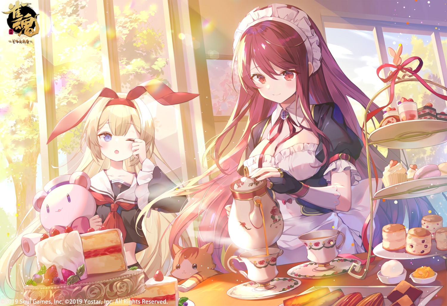 2girls, animal, animal_ears, blonde_hair, blush, breasts, bunny_ears, cake