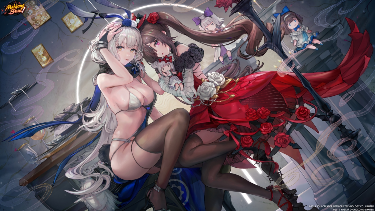2girls, animal_ears, bandage, bibimbub, bikini, bow, breasts, brown_hair
