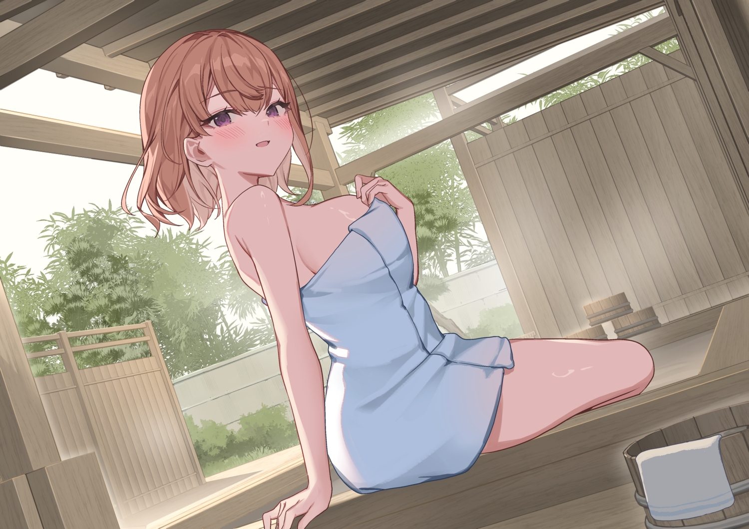 3d, blush, breasts, brown_hair, ikomochi, onsen, original, purple_eyes, short_hair, towel, tree