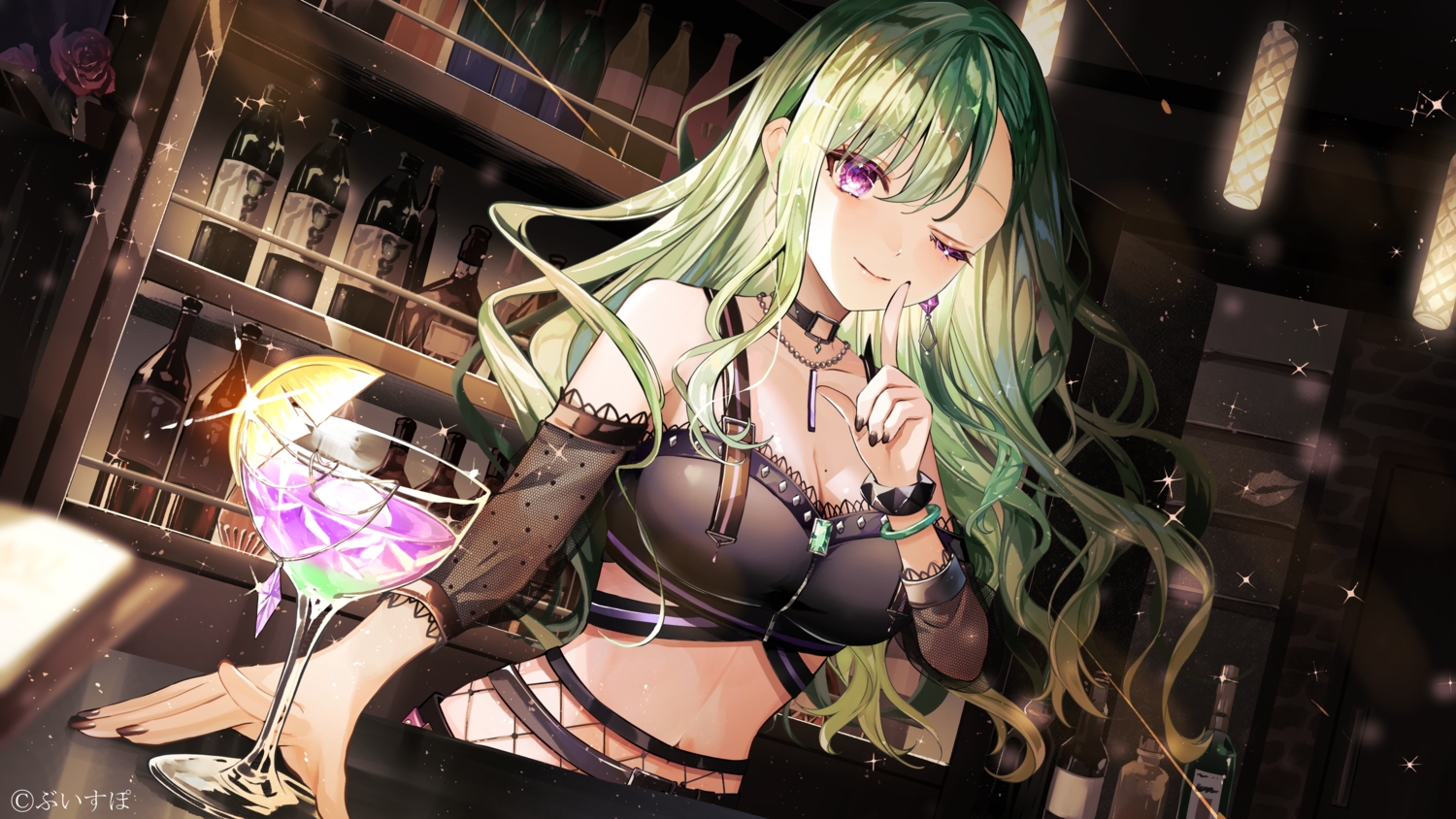 aqua_hair, breasts, cleavage, collar, drink, food, fruit, long_hair, navel, necklace, purple_eyes, see_through, shunka_tunacan, vspo!, watermark, wink, wristwear, yakumo_beni