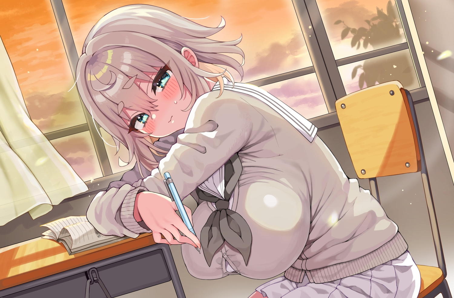 aqua_eyes, arato_asato, blush, book, breasts, close, clouds, davi_artman, gray_hair, indie_virtual_youtuber, school_uniform, short_hair, skirt, sky, sunset