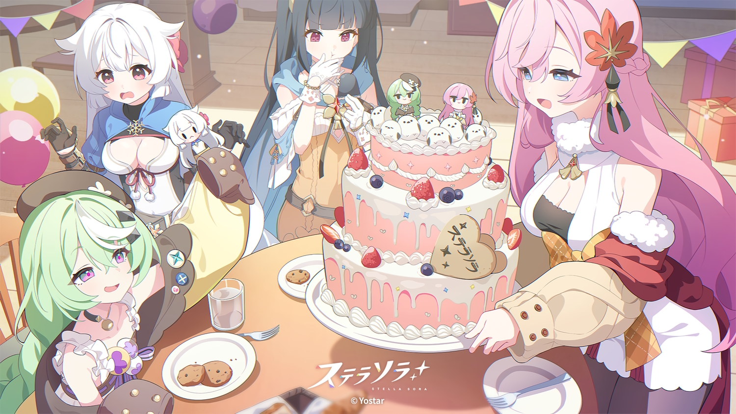 aqua_hair, bell, black_hair, blue_eyes, braids, breasts, cake, choker, cleavage, doll, dress, drink, flat_chest, food, fruit, fuyuka_(stella_sora), gerie_(stella_sora), gloves, group, hat, hood, logo, long_hair, nazuka_(stella_sora), nazuna_(stella_sora), pink_eyes, pink_hair, ponytail, purple_eyes, stella_sora, strawberry, tagme_(artist), watermark, white_hair