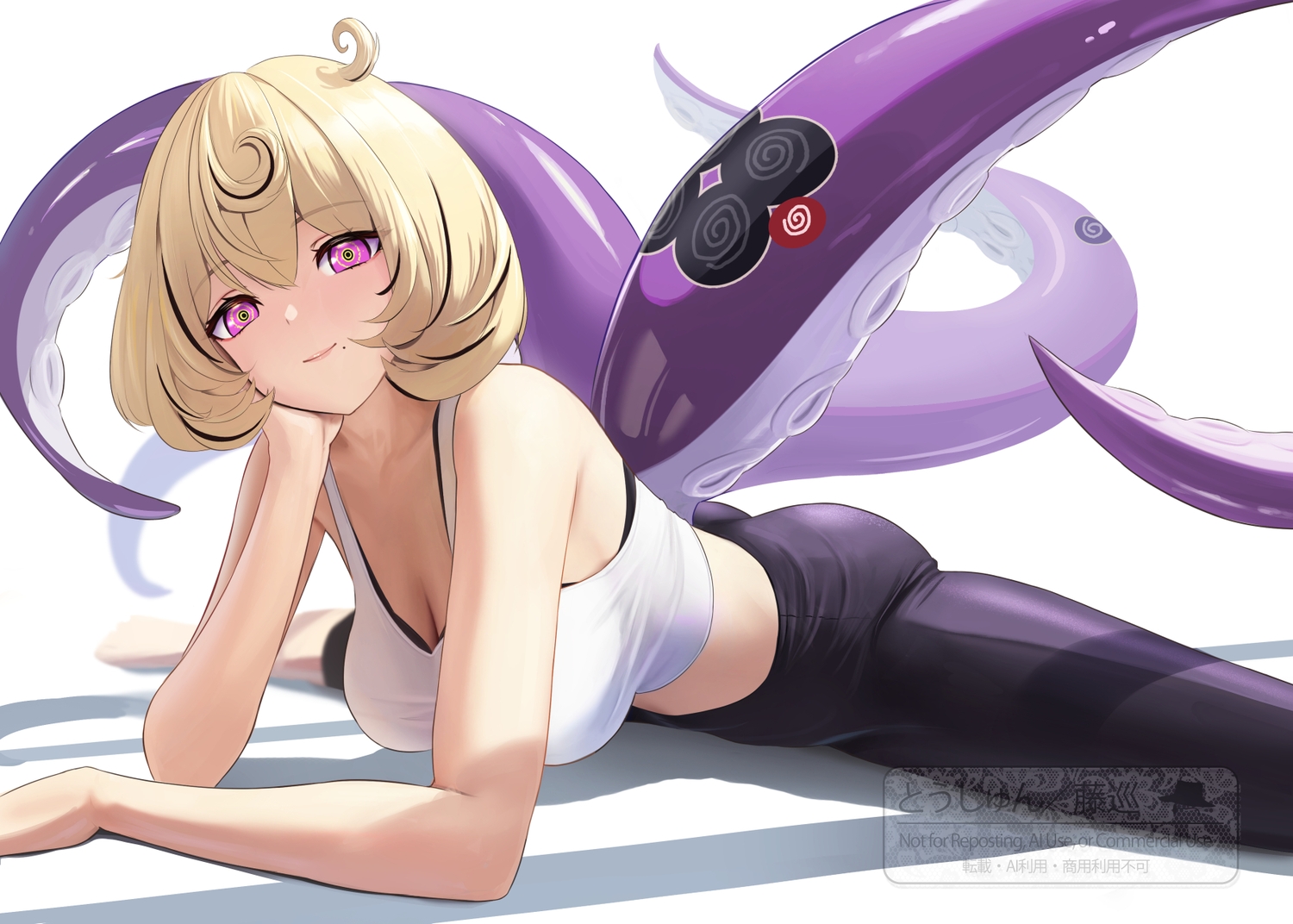 aliasing, ass, blonde_hair, breasts, cleavage, purple_eyes, short_hair, spread_legs, tentacles, torjun_111, watermark, yidhari_murphy, zenless_zone_zero