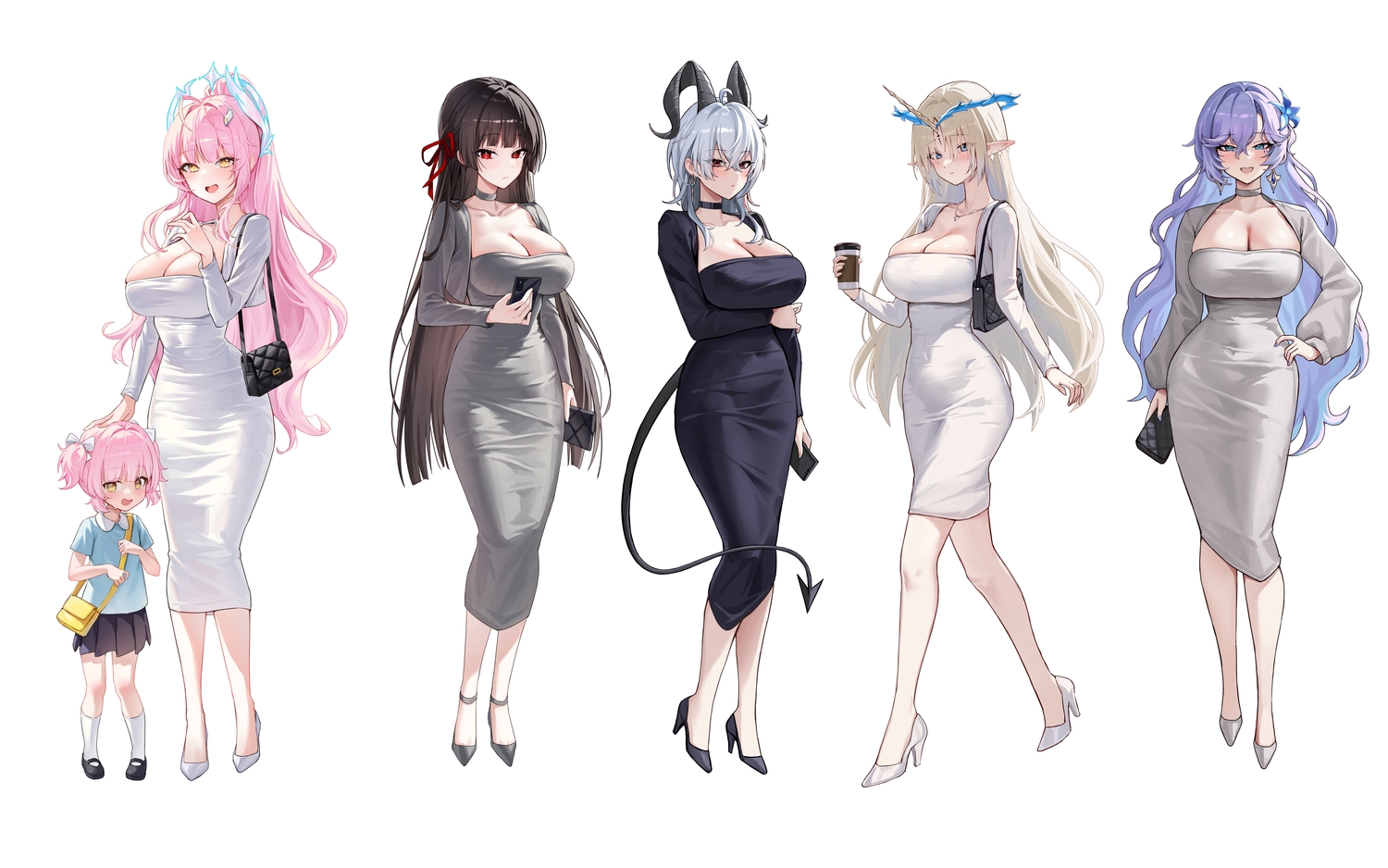 aemeath_(wuthering_waves), blue_eyes, blush, bow, breast_hold, breasts, brown_hair, cantarella_(wuthering_waves)