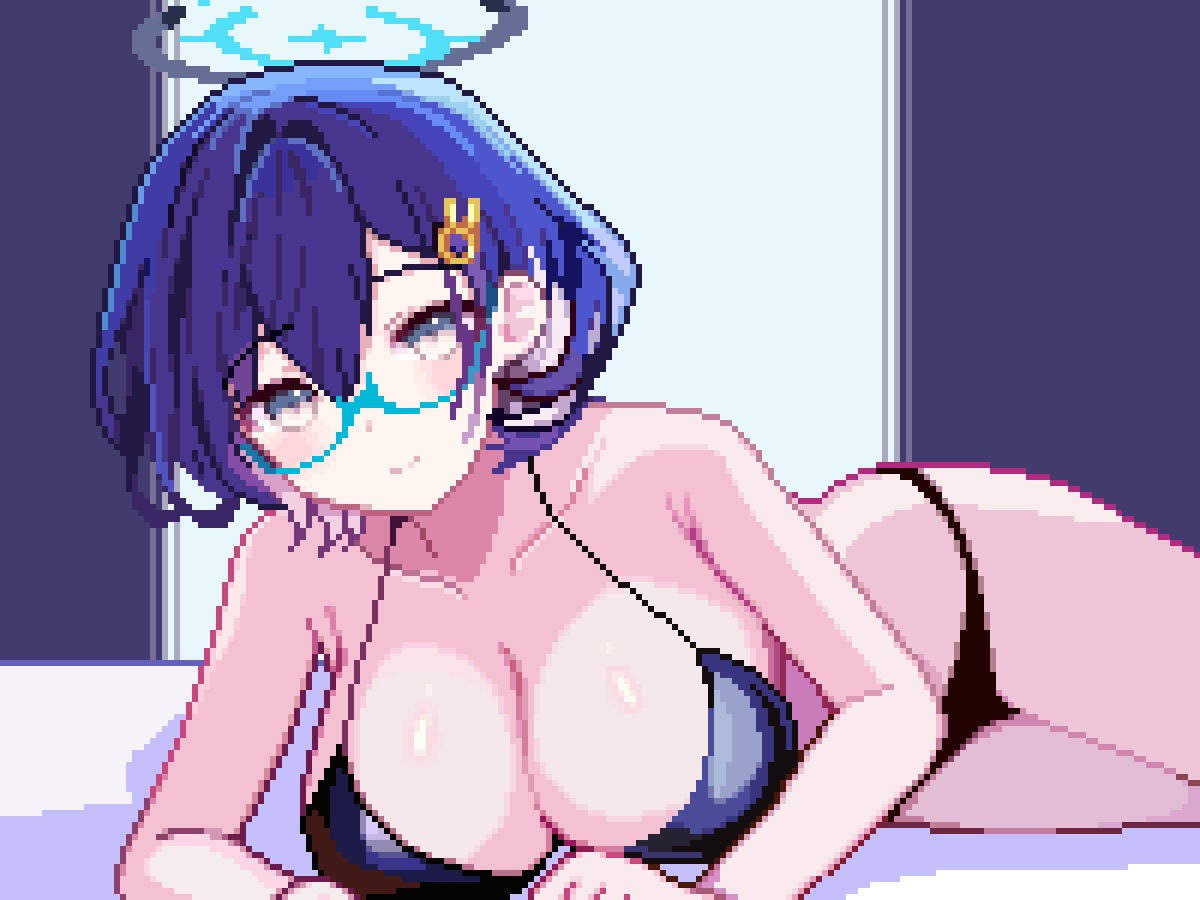 bikini, blue_archive, blue_hair, breasts, cleavage, glasses, gray_eyes, halo