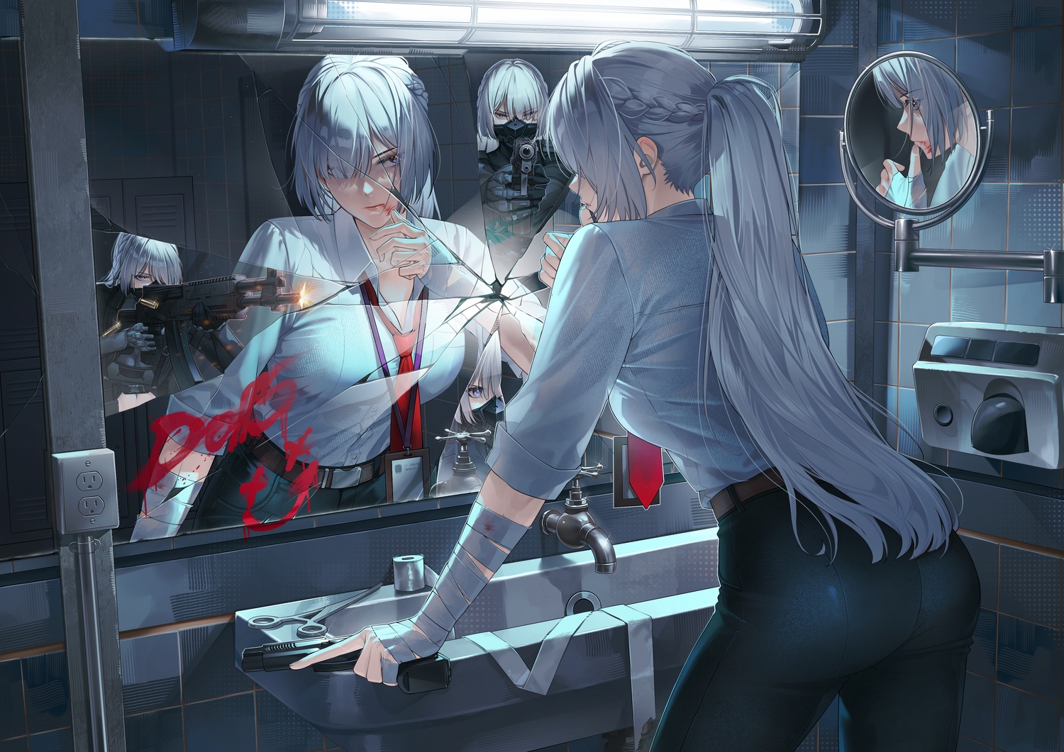 ak15_(girls_frontline), ass, bandage, blood, blue_eyes, braids, bruno_kerling, girls_frontline, girls_frontline_2, gloves, gray_hair, gun, long_hair, mask, mirror, ponytail, reflection, tie, voymastina_(girls_frontline_2), weapon