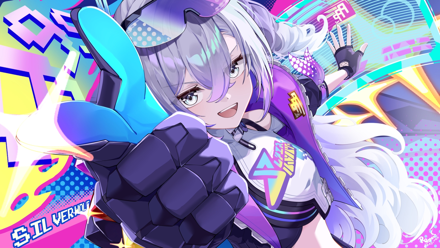 close, gloves, goggles, gray_eyes, gray_hair, honkai_(series), honkai:_star_rail, long_hair, ponytail, reymrd, signed, silver_wolf_(honkai:_star_rail)