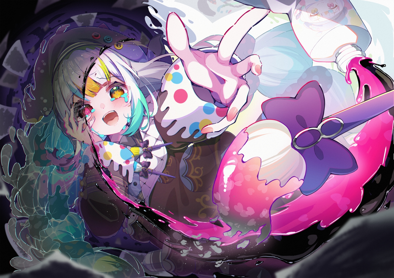 bicolored_eyes, blush, bow, dress, jogasaki_noah, long_hair, mahou_shoujo_no_majo_saiban, rappi, tears, white_hair