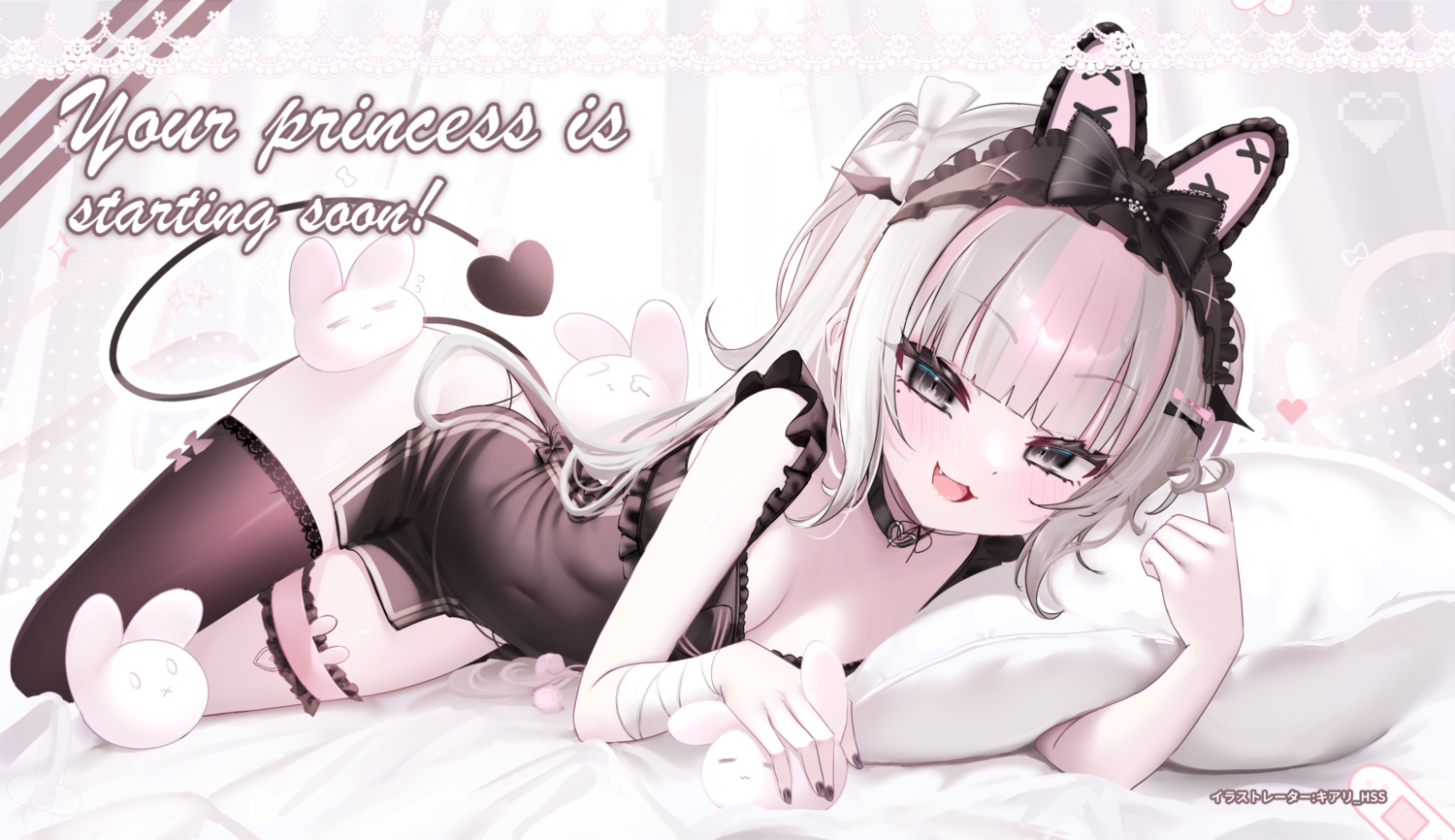 amane_yomi, animal_ears, bandage, bed, black_eyes, blush, bow, breasts