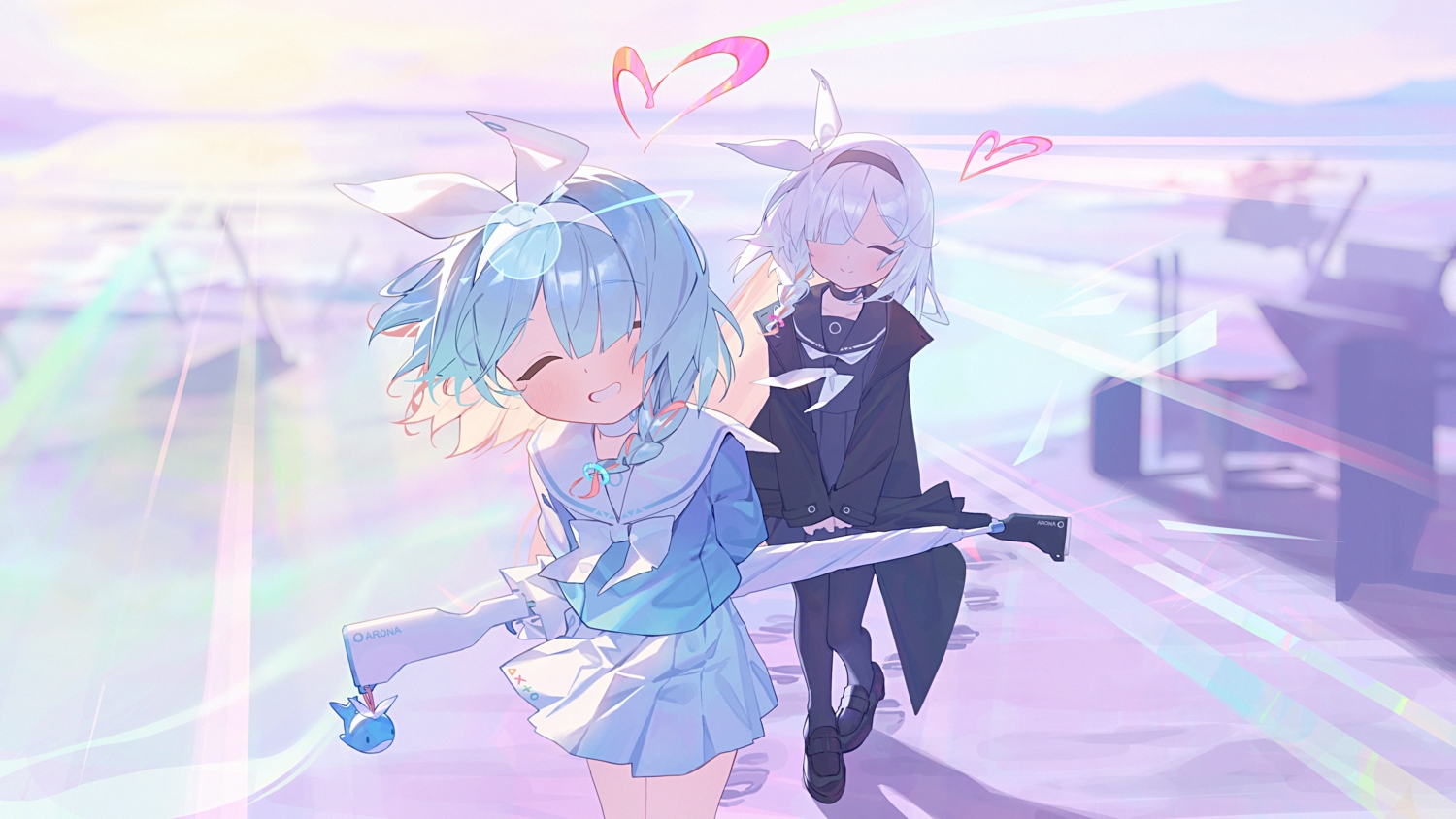 2girls, aliasing, arona_(blue_archive), beach, blue_archive, blue_hair, braids, choker, gray_hair, gun, halo, headband, heart, loli, nnmbpx, pantyhose, plana_(blue_archive), school_uniform, shirt, short_hair, skirt, sky, sunset, umbrella, water, weapon