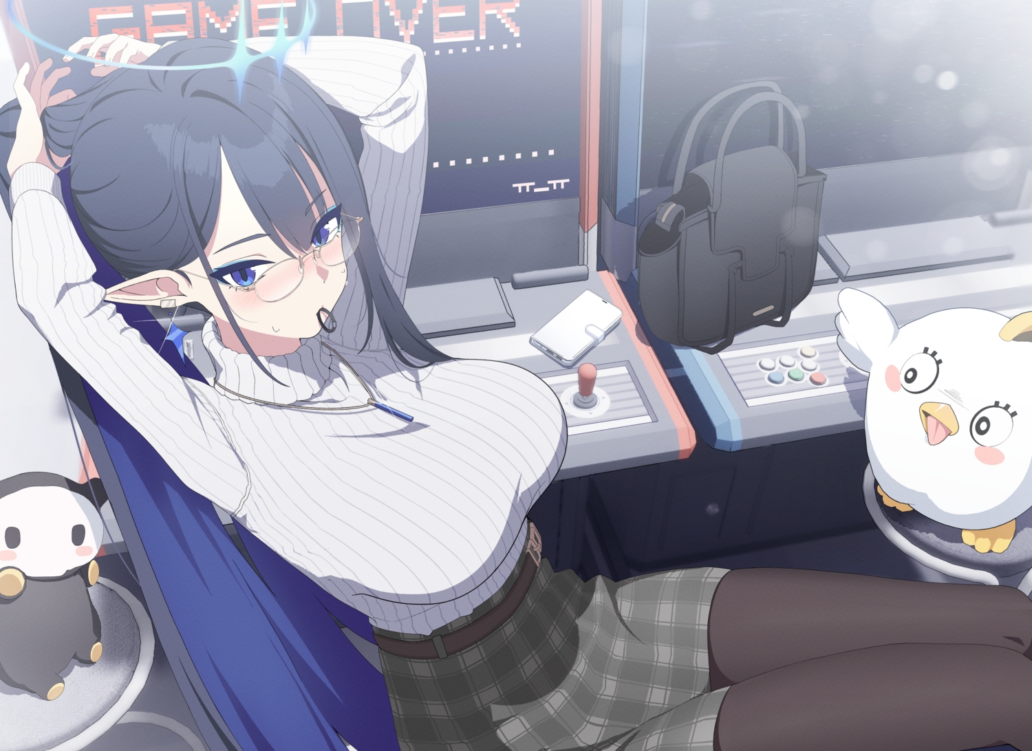 black_hair, blue_archive, blush, cropped, game_console, giga-tera, glasses, halo, long_hair, nanagami_rin, necklace, pantyhose, phone, pointed_ears, ponytail, skirt