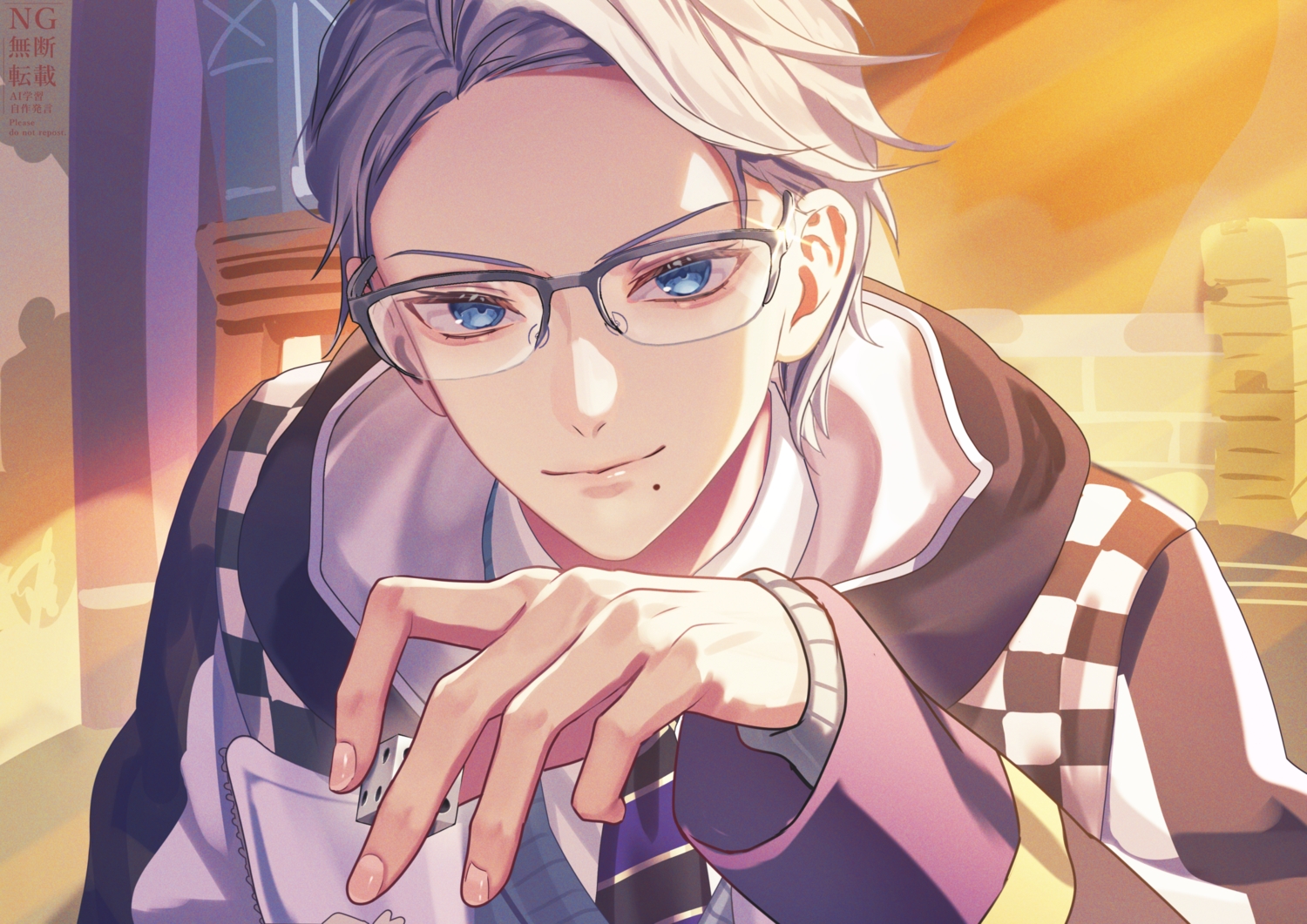 all_male, azul_ashengrotto, blue_eyes, close, glasses, gray_hair, hood, male, short_hair, tie, tsuyukusa_sora, twisted_wonderland, watermark