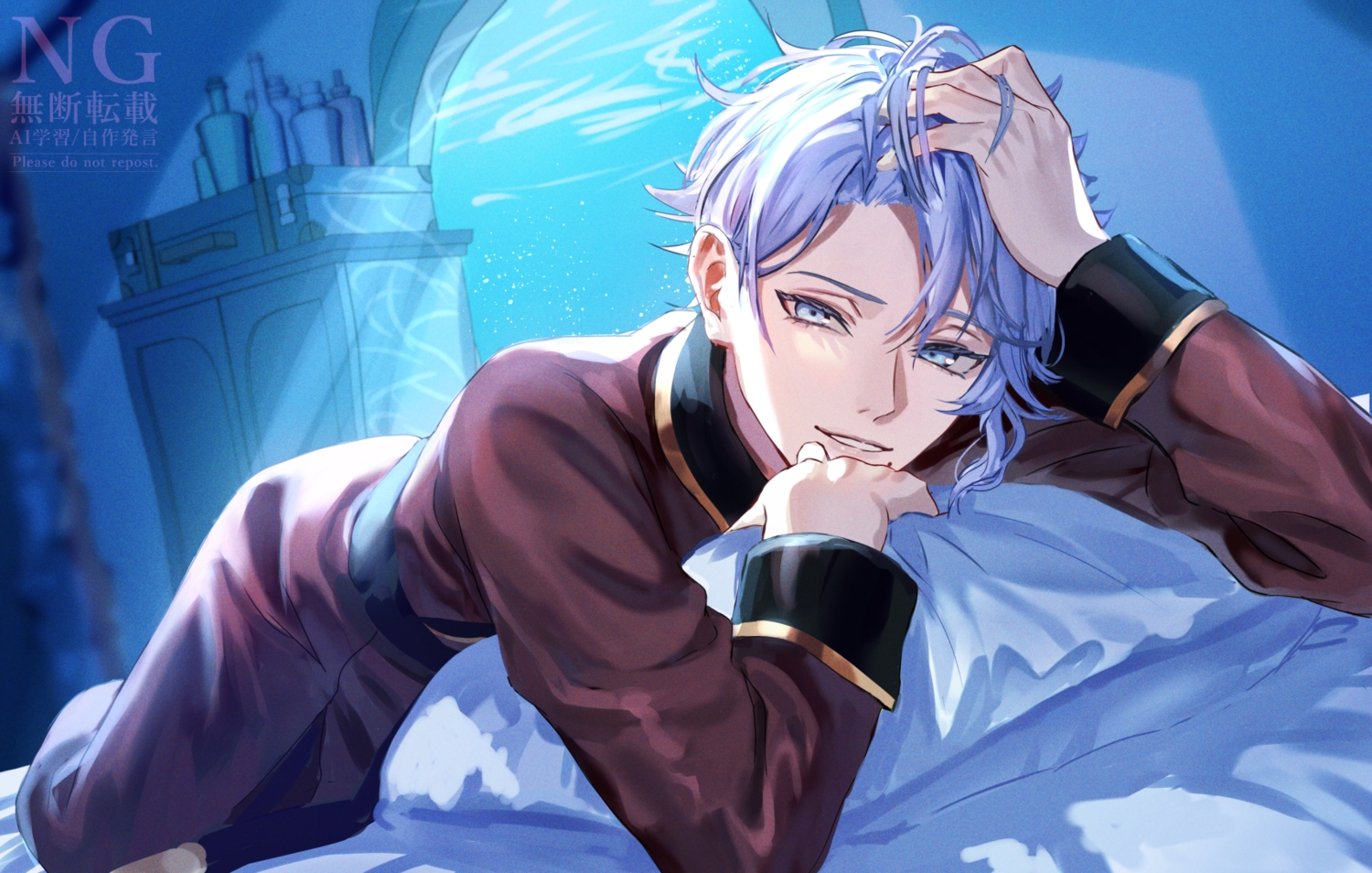 all_male, azul_ashengrotto, bed, blue_eyes, blue_hair, close, male, pajamas, short_hair, tsuyukusa_sora, twisted_wonderland, underwater, water, watermark