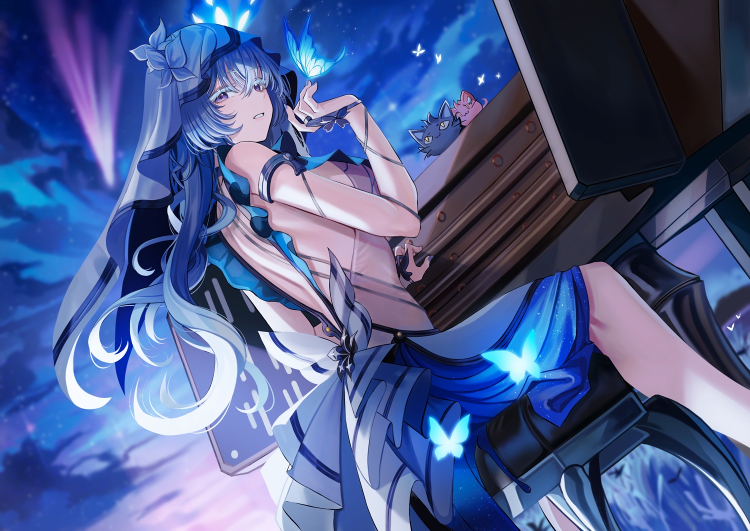 aemeath_(wuthering_waves), animal, black_hair, blue_hair, breasts, butterfly, cat, choker