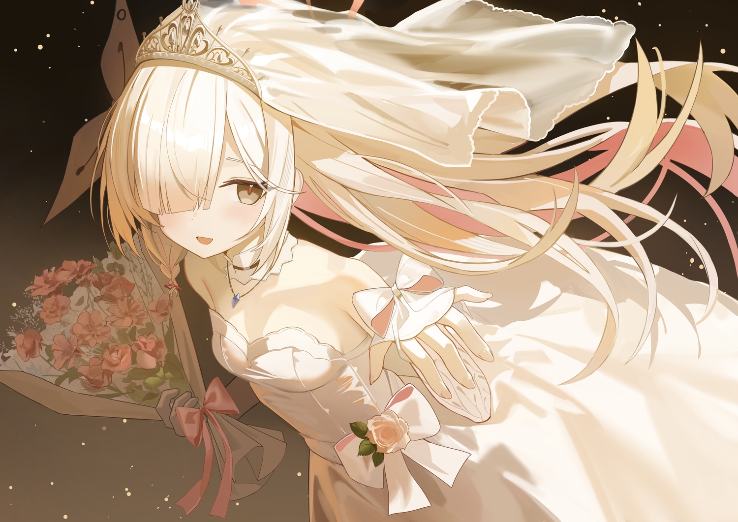 blue_archive, bow, braids, brown_eyes, close, dress, flowers, gloves