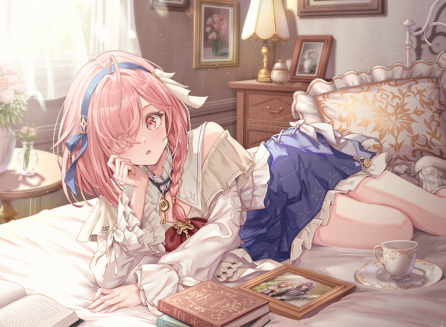 aether_gazer, aliasing, bed, blush, book, bow, braids, headband, hirokazu_(analysis-depth), long_hair, pink_eyes, pink_hair, ponytail, skirt, skuld_(aether_gazer), socks