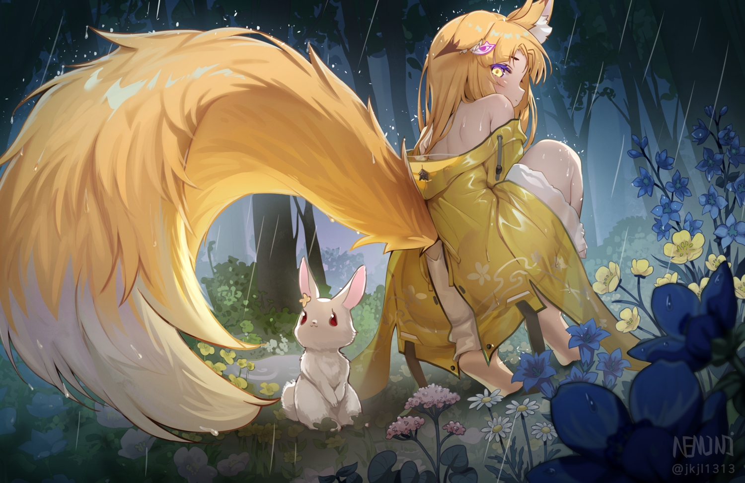 animal, animal_ears, barefoot, blonde_hair, dress, flowers, forest, foxgirl