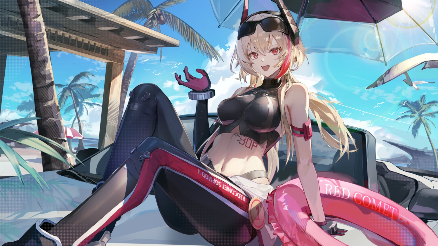 3d, animal, anthropomorphism, bird, blonde_hair, car, clouds, faishi_laizi_weilai, girls_frontline, gloves, horns, long_hair, m4_sopmod_ii_(girls_frontline), navel, red_eyes, sky, sunglasses, swim_ring, tattoo, tree, twintails, water