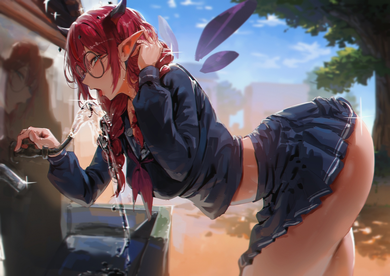 aqua_eyes, braids, clouds, glasses, hololive, horns, irys_(hololive), long_hair