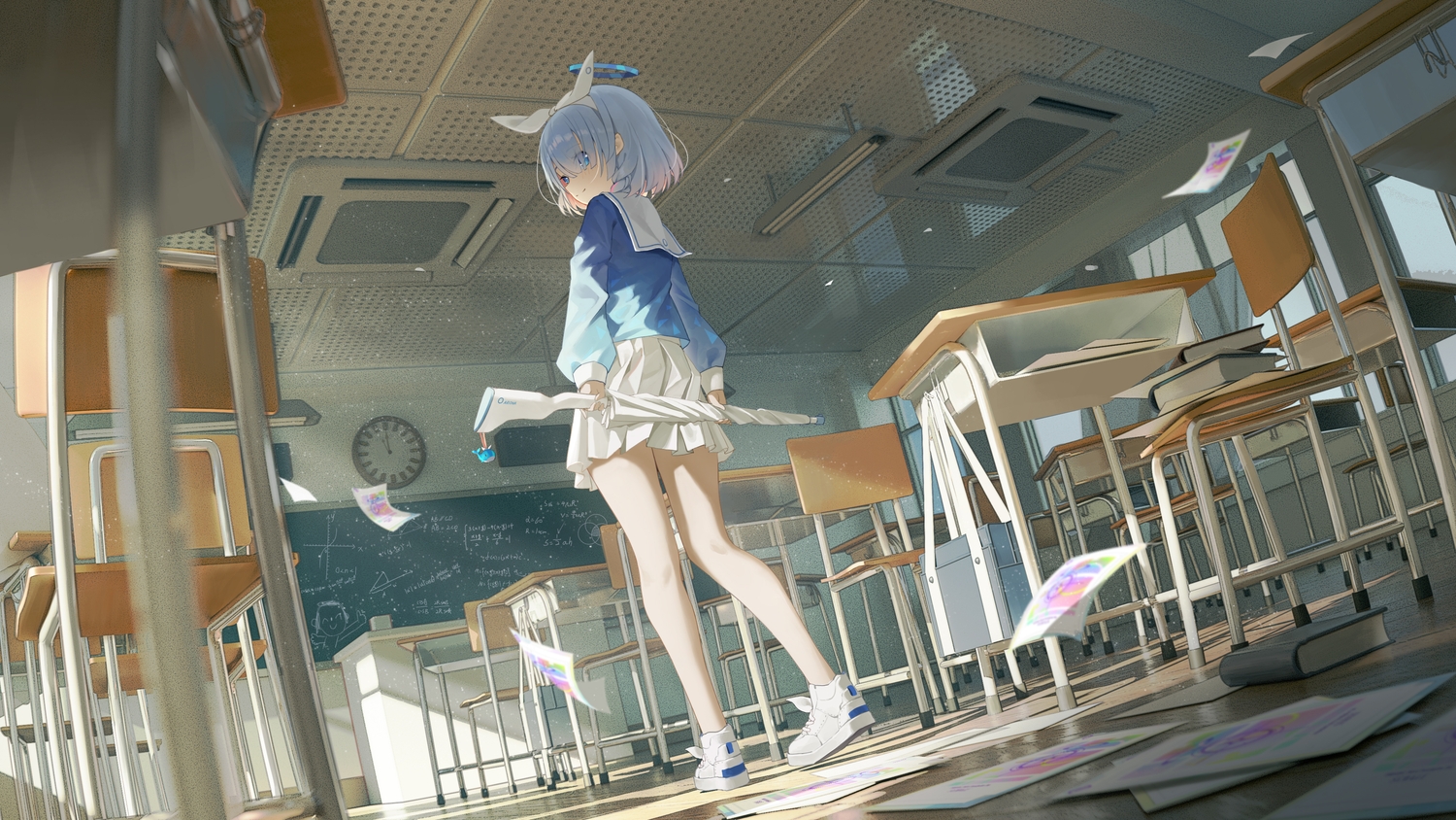 arona_(blue_archive), blue_archive, blue_eyes, braids, ctrl+z, gray_hair, gun, halo