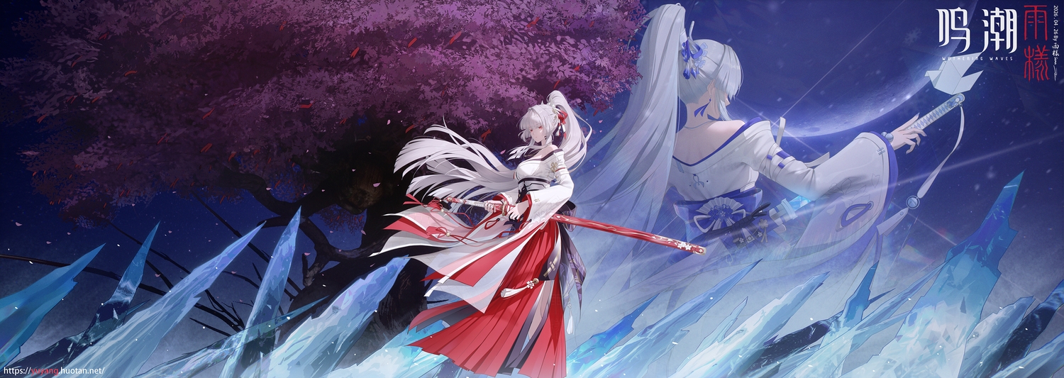 2girls, cherry_blossoms, flowers, gray_hair, hiyuki_(wuthering_waves), japanese_clothes, katana, long_hair