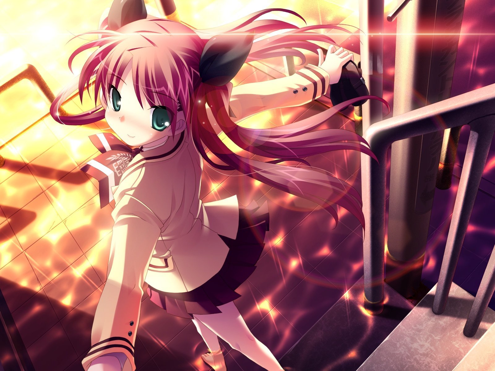 aqua_eyes, blush, harukazedori_ni_tomarigi_wo, momotani_harune, red_hair, school_uniform, skirt, twintails