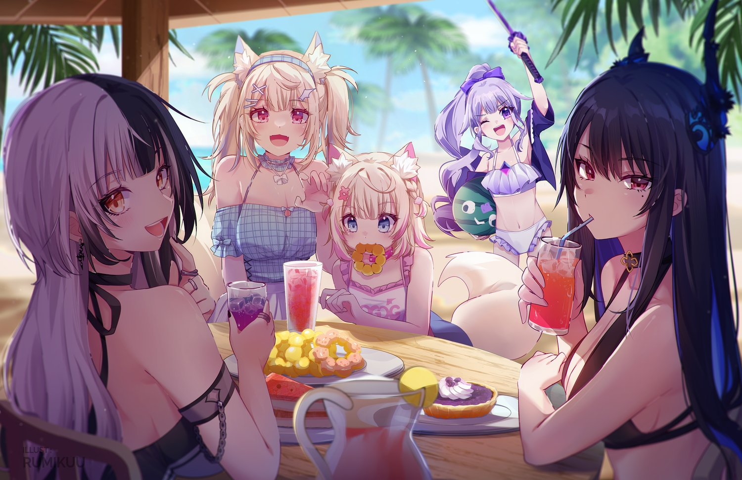 animal_ears, beach, bikini, black_hair, blonde_hair, blue_eyes, braids, breasts, cat_smile, cleavage, clouds, doggirl, drink, food, fuwawa_abyssgard, group, hololive, horns, koseki_bijou, k-rumi, long_hair, mococo_abyssgard, navel, nerissa_ravencroft, orange_eyes, pink_eyes, ponytail, purple_eyes, purple_hair, red_eyes, shade, shiori_novella, sky, swimsuit, tail, tree, twins, twintails, water, wink