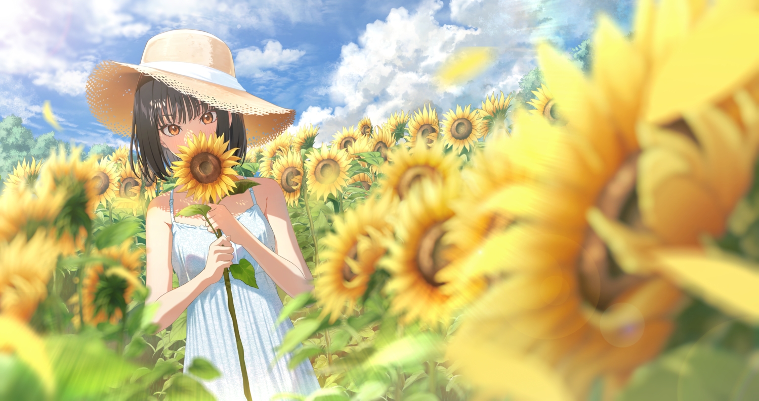 black_hair, blush, close, clouds, dress, flowers, hat, leaves