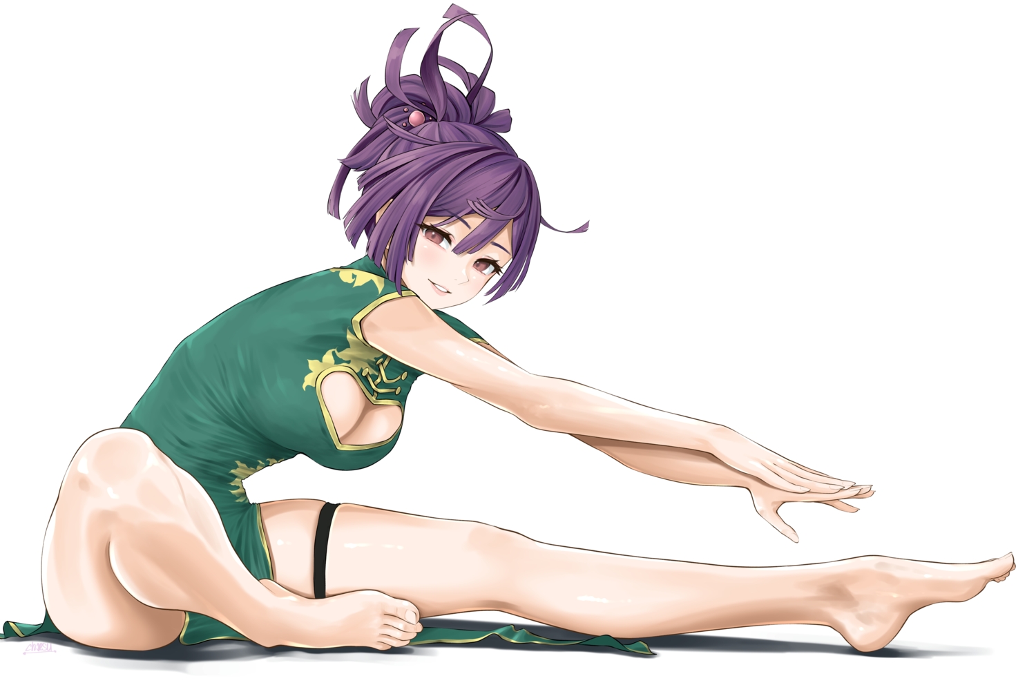 barefoot, breasts, brown_eyes, chaesu, chinese_clothes, chinese_dress, cleavage, dress, garter, jigokuraku, purple_hair, signed, white, yuzuriha_(jigokuraku)