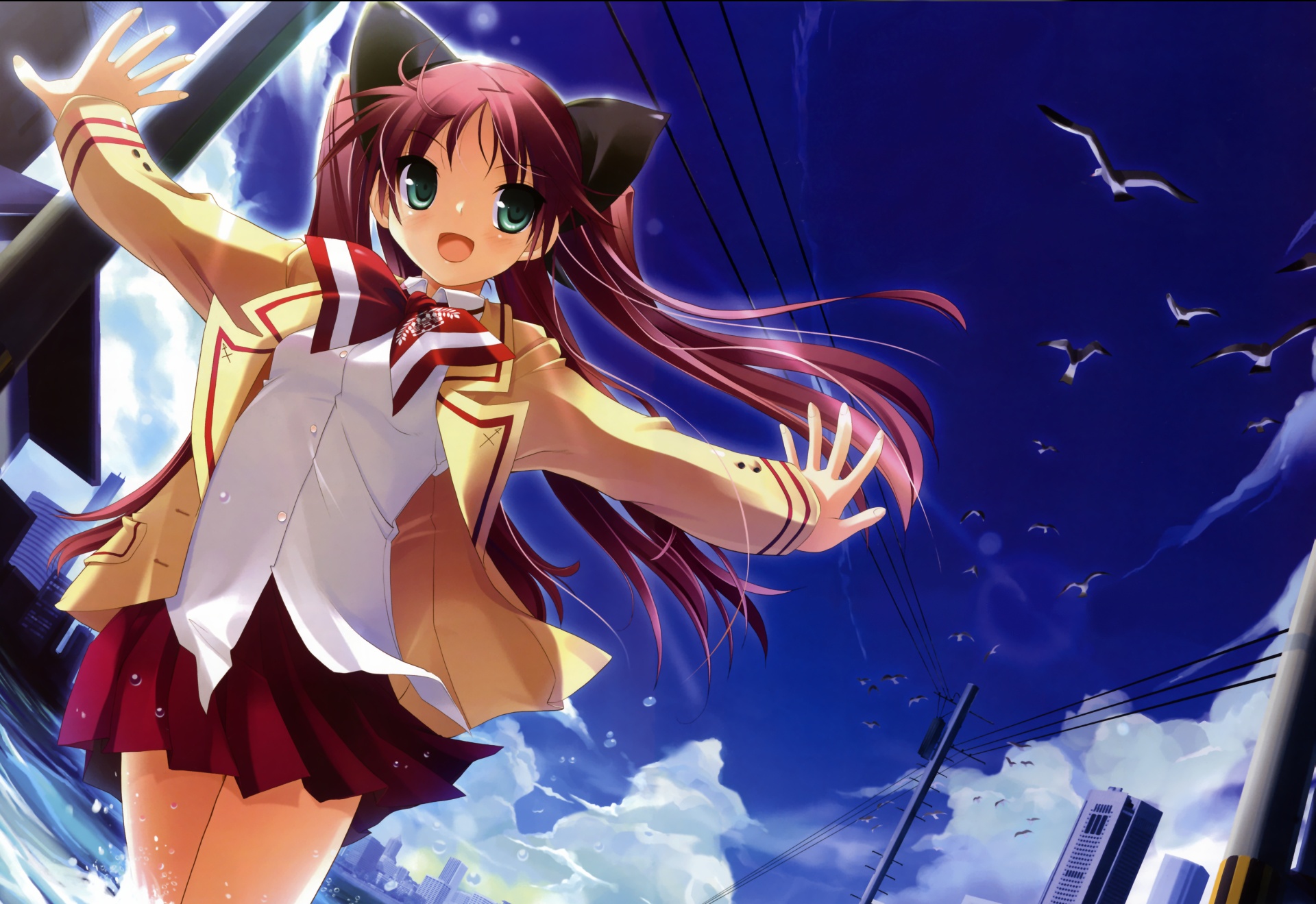 aqua_eyes, blush, clouds, harukazedori_ni_tomarigi_wo, momotani_harune, red_hair, school_uniform, sky, tsurugi_hagane, twintails, water, wet