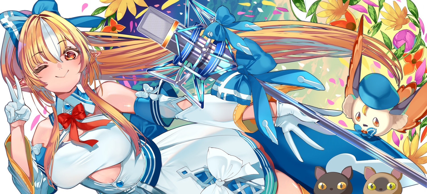 blonde_hair, bow, dress, gloves, hololive, long_hair, microphone, orange_eyes