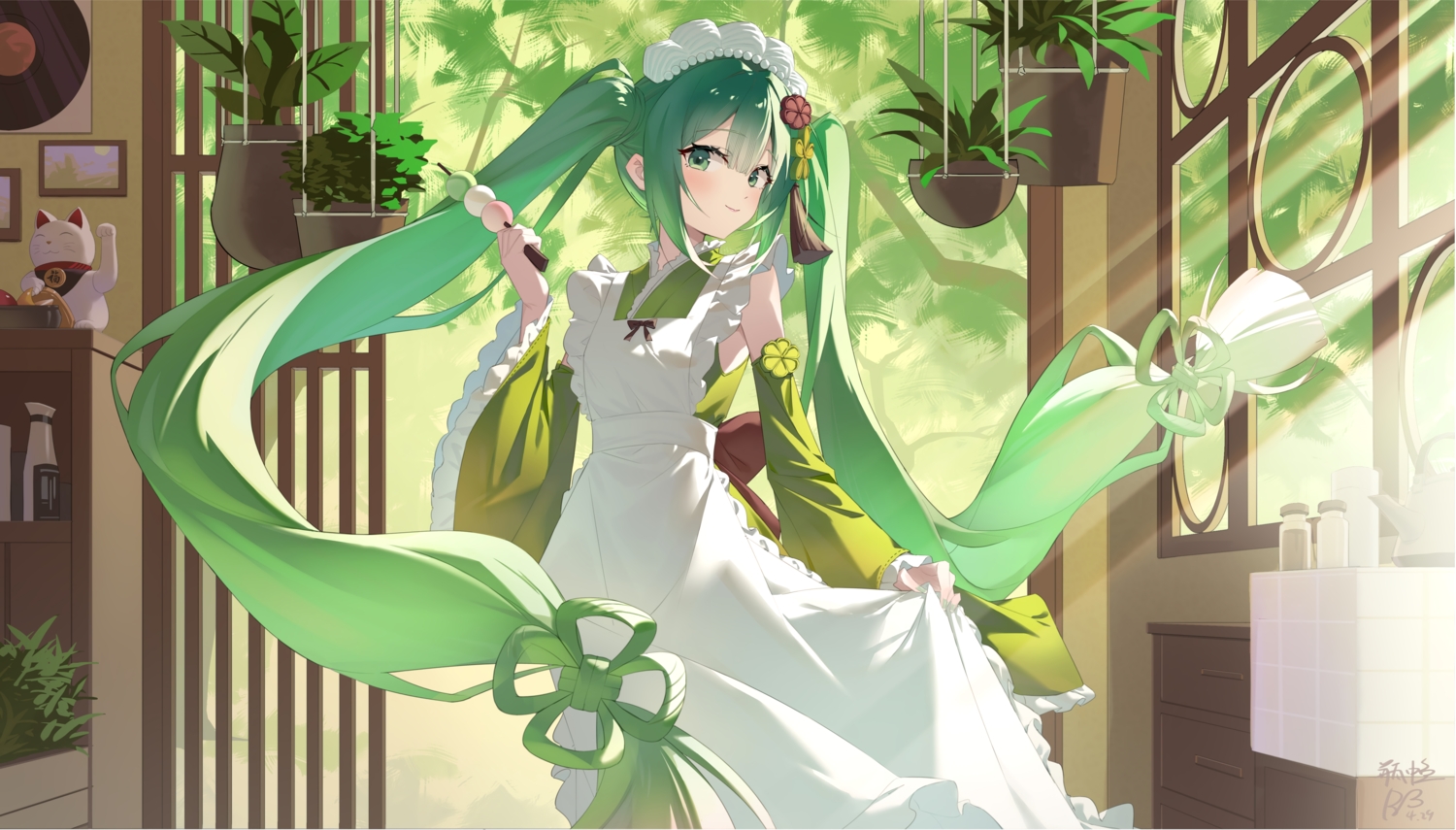 apron, bow, food, green_eyes, green_hair, hatsune_miku, headband, headdress