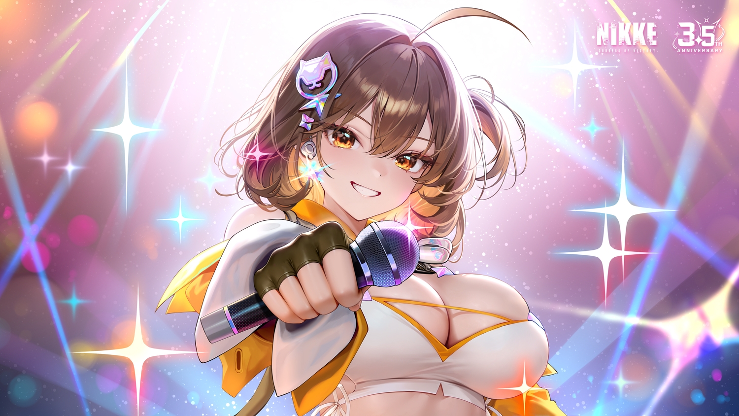 anis_(nikke), breasts, brown_hair, cleavage, close, gloves, goddess_of_victory:_nikke, logo