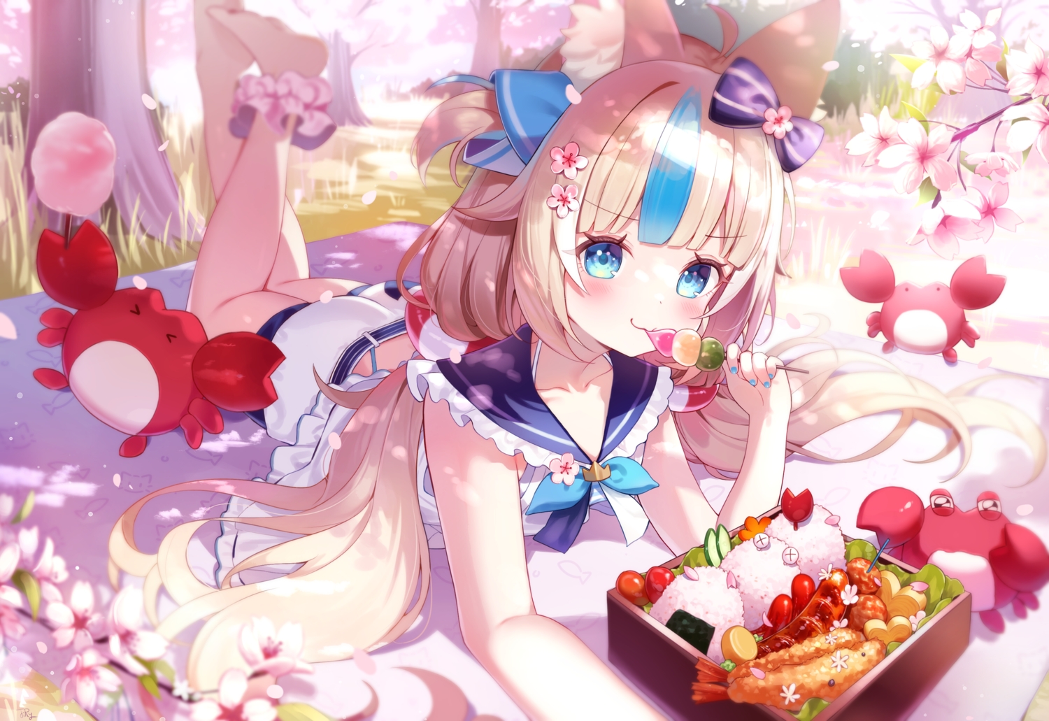 animal_ears, ass, barefoot, blonde_hair, blue_eyes, bow, bunnyjiry_(jirynyang), catgirl