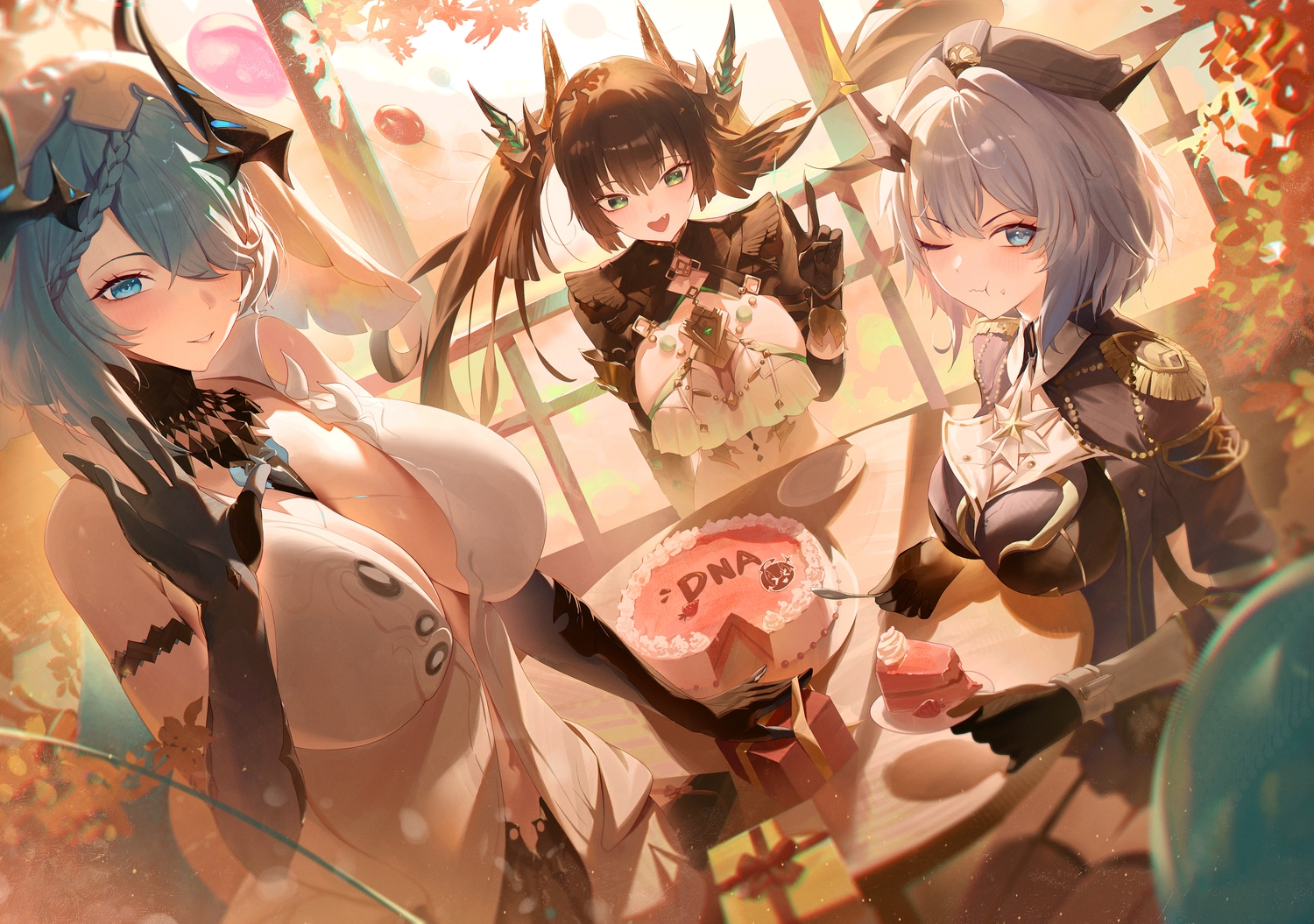 aqua_eyes, aqua_hair, blue_eyes, braids, breasts, brown_hair, cake, cleavage, duet_night_abyss, elbow_gloves, food, fruit, gloves, gray_hair, green_eyes, hat, horns, navel, no_bra, rebecca_(duet_night_abyss), rhythm_(duet_night_abyss), short_hair, stockings, strawberry, su_yi_(duet_night_abyss), twintails, wink, yonesdraws