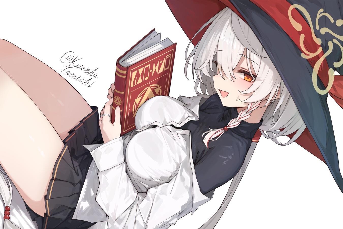 blue_archive, book, braids, gray_hair, hat, long_hair, orange_eyes, ponytail