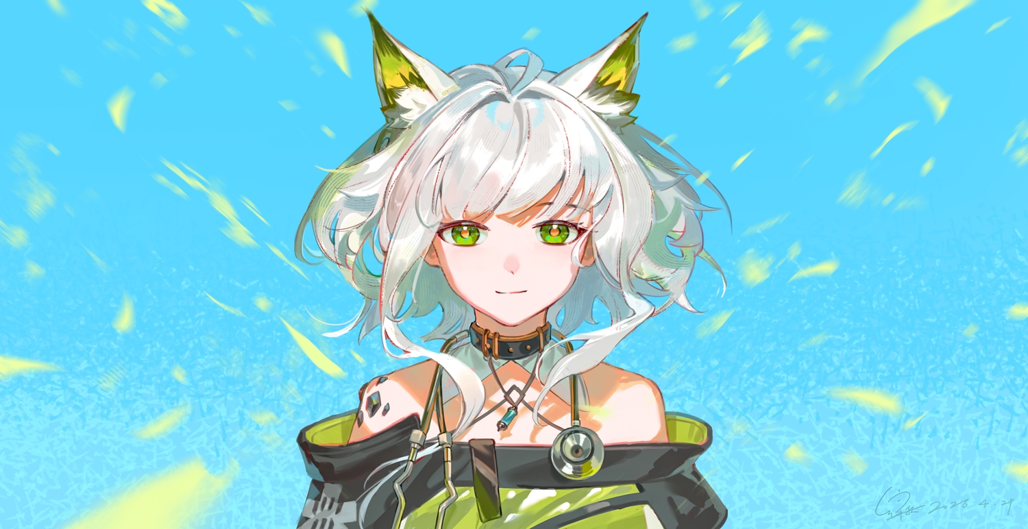 animal_ears, arknights, catgirl, close, collar, gray_hair, green_eyes, kal'tsit_(arknights), lyuqiu, short_hair, signed